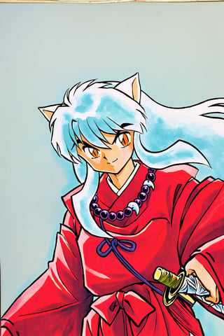 Inuyasha, 1boy, animal ears, solo, male focus, long hair, white hair, sword, dog ears, red japanese clothes, jewelry, necklace, smile, white background, simple background, katana, wide sleeves, bead necklace, beads, traditional media