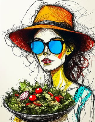 color mdsktch of a woman wearing a hat and sunglasses looking at salad