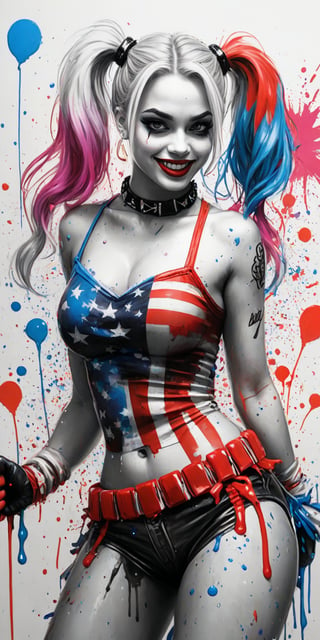 Black and white sketch, realistic, Harley Quinn, Fourth of July celebration, (((splashes of  colors)))) neon colors 