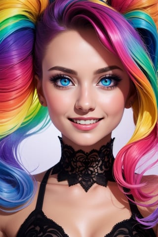 Maximalism, masterpiece, top quality, 8k, high resolution, super detailed, absurd, vivid contrast, insanely detailed,
BREAK
1girl, (Beautiful face, brightly colored shining eyes, clear skin, smile, shiny hair, long rainbow hair, watercolor, colored smoke around her