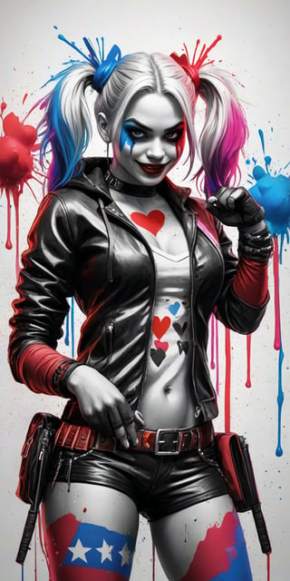 Black and white sketch, realistic, Harley Quinn, Fourth of July celebration, (((splashes of  colors)))) neon colors 