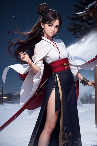 The background is midnight sky,big blue moon,dark night,snow blowing,16 yo, 1 girl,sword,halo,shining bracelet,beautiful hanfu(white, transparent),cape, cloth blowing in wind, solo, {beautiful and detailed eyes}, calm expression, natural and soft light, delicate facial features, cute japanese idol, very small earrings, ((model pose)), Glamor body type, (dark hair:1.2),  beehive,big bun,very_long_hair, hair past hip, curly hair, flim grain, realhands, masterpiece, Best Quality, photorealistic, ultra-detailed, finely detailed, high resolution, perfect dynamic composition, beautiful detailed eyes, eye smile, ((nervous and embarrassed)), sharp-focus, full_body, sexy pose,cowboy_shot,ruanyi0060,Samurai girl