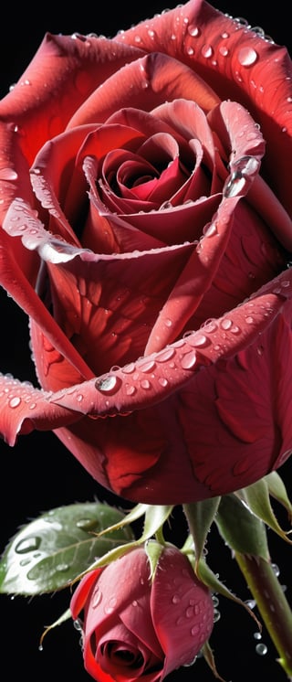 (Close up of a red rose), (dew on petals),  (bright red portals), (black background) 16k photo, high definition, photorealistic, vibrant colors, sharp details, 