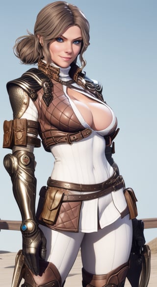 1girl, solo, breasts, looking at viewer, sexy smile, smolder, blue eyes, brown hair, cleavage, medium breasts, belt, armor, ice orb, sexy pose