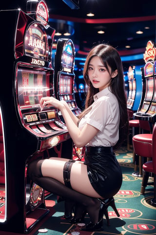 A Chinese girl, 28 years old, with short black hair, charming glasses, (wearing a shirt:1.2), (black stockings and black high heels:1.2), (was seen in a casino with a huge jackpot on a slot machine:1.2).

The slot machine brand is TC
Thor's Hammer

solo, looking at viewer, open mouth, simple background, teeth, tongue, tongue out, no humans, animal, fangs, black background, portrait, animal focus, tiger,1 girl