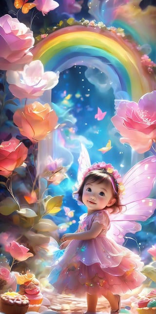 colorful and cute theme, a little girl, cute, innocent, rosy cheeks, floral dress, (sparkling headdress: 1.2), wand, (talking animal companion: 1.3), magical forest, colorful butterflies, magical creatures, (friendly dragon: 1.1), castle, rainbow, (floating fairy: 1.1), (huge lollipop: 0.9), (candy house: 1.2), (wishing well: 1.1), sparks, Happiness, Adventure (Storybook: 1.1), Fantasy, Fantasy, and Fantastic (Ray Tracing, HDR, Illusory Rendering, Reasonable Design, High Detail, Masterpiece, Best Quality, Ultra high Definition)