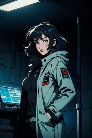 1girl, solo, looking at viewer, short hair, bangs, black hair, red eyes, closed mouth, jacket, coat, science fiction, hands in pockets, retro artstyle, cyborg, cyberpunk, kusanagi motoko