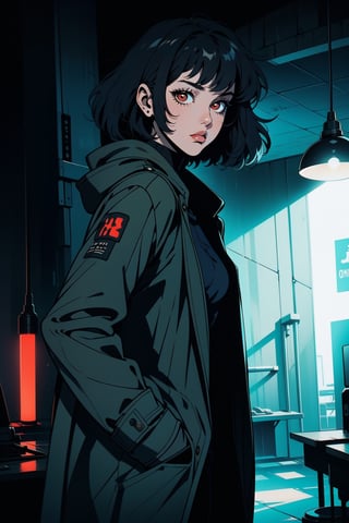 1girl, solo, looking at viewer, short hair, bangs, black hair, red eyes, closed mouth, jacket, coat, science fiction, hands in pockets, retro artstyle, cyborg, cyberpunk, kusanagi motoko