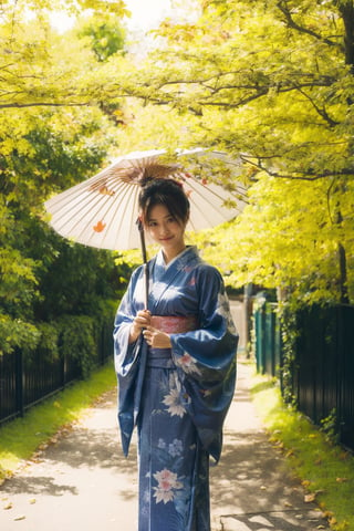 1girl, solo, looking at viewer, brown hair, holding, standing, outdoors, japanese clothes, kimono, tree, leaf, umbrella, holding umbrella, branch, blue kimono, oil-paper umbrella, autumn leaves 