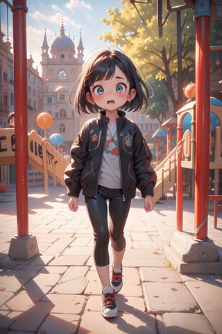 best quality, masterpiece, beautiful and aesthetic, vibrant color, Exquisite details and textures,  Warm tone, ultra realistic illustration,	(cute European girl, 8year old:1.5),	(playground theme:1.4),	cute eyes, big eyes,	(a surprised look:1.3),	16K, (HDR:1.4), high contrast, bokeh:1.2, lens flare,	siena natural ratio, children's body, anime style, 	head to toe,	Dark Chocolate long bob cut,	a black zipped jacket, black pants, 	ultra hd, realistic, vivid colors, highly detailed, UHD drawing, perfect composition, beautiful detailed intricate insanely detailed octane render trending on artstation, 8k artistic photography, photorealistic concept art, soft natural volumetric cinematic perfect light. 