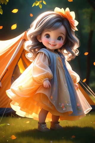 best quality, masterpiece, beautiful and aesthetic, vibrant color, Exquisite details and textures,  Warm tone, ultra realistic illustration,	(cute European baby girl, 4year old:1.5), (Camping theme:1.4), camping with my friends,	cute eyes, big eyes,	(a big smile:1.5),	16K, (HDR:1.4), high contrast, bokeh:1.2, lens flare,	siena natural ratio, children's body, anime style, 	head to thigh portrait,	long Wave dark gray hair, 	gossamer floral mango-colored dress,	ultra hd, realistic, vivid colors, highly detailed, UHD drawing, perfect composition, beautiful detailed intricate insanely detailed octane render trending on artstation, 8k artistic photography, photorealistic concept art, soft natural volumetric cinematic perfect light. 