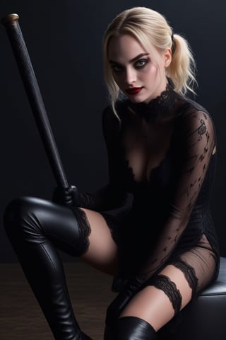 1girl, RAW photo, (full body) Margot Robbie, symbiote, (((Harley Quinn))), (full body), (legs apart:1.3), (shot from distance), (Rembrandt style), (with a baseball bat on the shoulder), (sitting on a black armchair), (((wearing a black lace wedding dress and boots))), tiny firm body, aroused, exposed, slim body, ironically smile,  (black background), (high contrast), (dramatic shadows), (finely detailed beautiful eyes and detailed face), (high quality), (ultra detail), (high resolution), (masterpiece), (complex and beautiful), (hyperrealism, 8k, extremely_detailed), (exquisitely beautiful),<lora:659095807385103906:1.0>