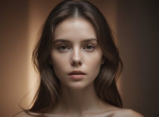 RAW photo, (close up), (front view), cinematic film still fashion photography portrait of 1girl, naked, with neutral face, flawless brown hairs, (minimalist abstraction), (subtle gradient backdrop), (tranquil yet evocative), (conceptual portraiture), (play on perception), (surreal calm), (visual metaphor), unfolds with haunting beauty, enveloped in a moody and melancholic atmosphere (thoughts materializing), (play on perception), dramatic shadows, cinematic lights, insane details, (masterpiece, high quality, 12K), beautiful composition, (cinematic lights), (finely detailed expresive eyes and detailed face), epic, masterpiece, (brilliant composition), ultimate AI art, (muted colors).