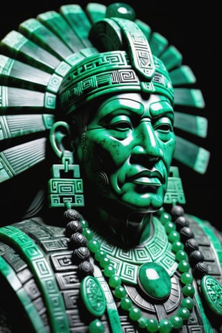 A somber, dark-framed jade sculpture of a (Aztec elder's upper body), rendered in exquisite detail on a rich jade sculpture. Bold black outlines define the subject's features, as he looks away with a defeated gaze, his eyes and face a masterpiece of intricate details. The bright backlighting accentuates the traditional patterns adorning his jade clothes and accessories. In the extreme background, the composition converges to create an immersive, Indigenous-inspired scene, showcasing 12K-level detail and insane attention to minute particulars.