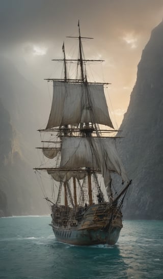 A weathered pirate ship with sails-of-the-line, worn and weary from years at sea, dominates the frame. Dirt-covered equipment and tattered sails stained white with grime hang limply, as a breathtaking sunset casts gentle shadows behind the vessel, imbuing the scene with an ethereal ambiance. Soft hues of blue, gray, and green predominate, punctuated by rusty orange-yellows and teal accents on the ship's worn features. The background transitions seamlessly from the sharp focus on the ship to a loose, impressionistic mountainscape, shrouded in mist. Muted brushstrokes add depth and movement, while hazy lighting creates a dystopian atmosphere.