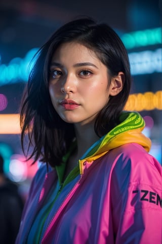 1girl, solo, indonesian girl, (Zee_JKT48), taken with 35mm lens, professional photo, vibrant and vivid color, (bokeh:1.1), a girl 22 y.o, looking at viewer, portrait, big firm breast, wearing street-futuristic jacket, in a night city resemblances Hunger Games Capitol, Cyberpunk 2077, Neon lights in harmony color combination of pink and purple, fluorescent green glow, cinematic, film look, photorealistic, Masterpiece, Extremely Realistic, Raw Photo,flash