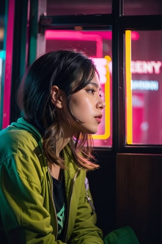 1girl, solo, indonesian girl, (Zee_JKT48), taken with 35mm lens, professional photo, vibrant and vivid color, (bokeh:1.1), a girl 22 y.o, viewed_from_side, big firm breast, gaze at window inside a dark room apartment building, in a night city resemblances Hunger Games Capitol, Cyberpunk 2077, Neon lights in harmony color combination of pink and purple, vivid color, cinematic, film look, photorealistic, Masterpiece, Extremely Realistic, Raw Photo,flash