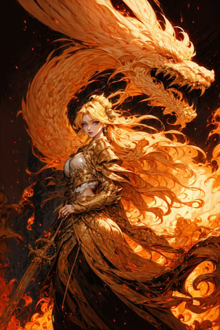 masterpiece, top quality, best quality, official art, beautiful and aesthetic:1.2), (1girl:1.3), chinese dragon, eastern dragon, golden line, volumetric fire, ultra-high quality, photorealistic, sky background, a girl with blonde hair, bow, arrow, ,delta,scarletbs