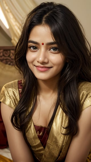 1girls, saree, black-hair, blond_hair, guloband, smiling  face, pahadi girl, bedroom , black eyes, sweta mehara, chick_bones, curly_hair, dropingEyes, 