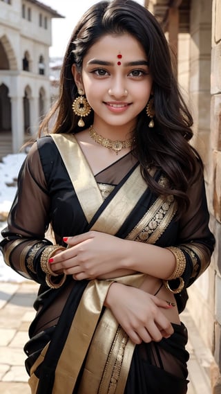 lovely cute young attractive indian teenage girl in a black transparent saree, an Instagram model, long blonde_hair, colorful hair, guloband, smiling  face, pahadi girl,  winter, Indian, shimla in background, forehead ornament, big ear rings, touch forehead ornament, full length