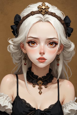 ((Best quality, High quality, masterpiece,  Digital_painting, ligne_claire, Anime_Illustration, Detailed eyes)), (((stylized art style, Painted by Rembrandt and Egon Schiele))), solo, long_hair, upper_body, lips, lace, 1girl, closed_mouth, looking_at_viewer, jewelry, portrait, brown_eyes, white_hair, facial_mark, female_focus, bone, headpiece, parted_lips, skull, blonde_hair, red_eyes, ring