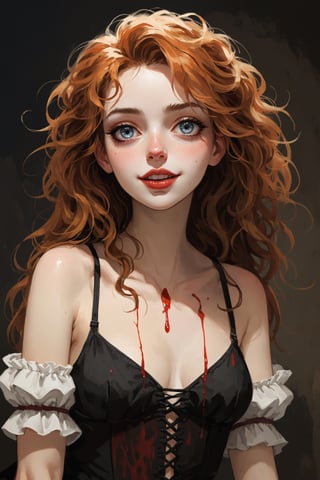 ((Best quality, High quality, masterpiece,  Digital_painting, ligne_claire, Anime Illustration, Detailed eyes)), (((stylized art style, painted by Rembrandt and Egon Schiele and Gustave Doré))), 1girl, Vampire girl, Fantasy, sexy dress, blood, long_hair, seductive smile, blood_on_face, wet body, wet smile,