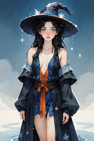 (Best quality, High quality, masterpiece, Watercolor_pencil painting, ligne_claire, Illustration, Detailed eyes), ((stylized art style, painted by Egon Schiele and Gustave Doré and Rembrandt)), 1 Wizard girl, Long black hair, Seductive smile, (above thigh shot, Balenciaga designed wizard costume), wizard hat, ((Magic, Water, ice, snowflakes)), 