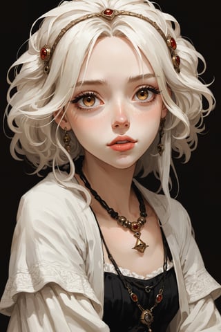 ((Best quality, High quality, masterpiece,  Digital_painting, ligne_claire, Anime_Illustration, Detailed eyes)), (((stylized art style, Painted by Rembrandt and Egon Schiele))), solo, long_hair,  lips, lace, 1girl, closed_mouth, looking_at_viewer, jewelry, brown_eyes, white_hair, facial_mark, female_focus, bone, headpiece, parted_lips, skull, blonde_hair, red_eyes, ring, Thigh