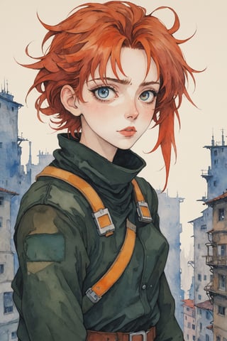 ((Best quality, High quality, masterpiece, watercolor pencil painting, ligne_claire, Anime Illustration, Detailed eyes)), (((stylized art style, painted by Egon Schiele and Studio Ghibli))),1girl, Cyber_Punk backgorund, Pilot suit, (upper body), Cyber punk, cybernetic, City scapes