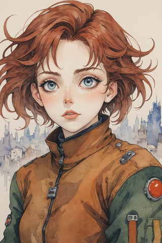 ((Best quality, High quality, masterpiece, watercolor pencil painting, ligne_claire, Anime Illustration, Detailed eyes)), (((stylized art style, painted by Egon Schiele and Studio Ghibli))),1girl, Cyber_Punk backgorund, Pilot suit, (upper body), Cyber punk, cybernetic, City scapes