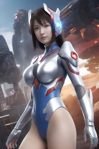 1girl,ultraman,bodysuit,looking at viewer,glowing,mecha,glowing eyes,science fiction,,large breasts,open clothes