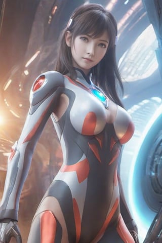 1girl,ultraman,bodysuit,looking at viewer,glowing,mecha,glowing eyes,science fiction,,large breasts,open clothes