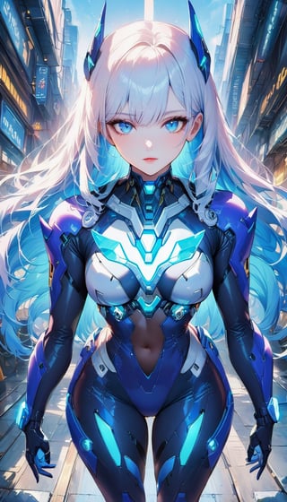 Best picture quality, high resolution, 8k, realistic, sharp focus, realistic image of elegant lady, Korean beauty, supermodel, pure white hair, blue eyes, wearing high-tech cyberpunk style blue Batgirl suit, radiant Glow, sparkling suit, mecha, perfectly customized high-tech suit, ice theme, custom design, 1 girl,swordup, looking at viewer,JeeSoo
