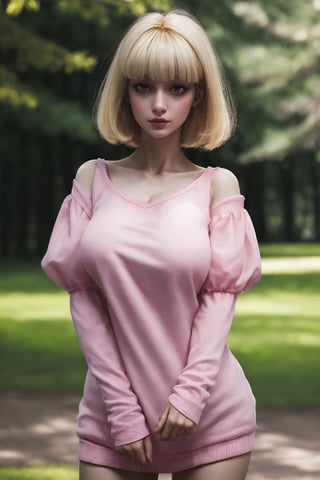 (((standing in the park))), natural light, (chinese architecture), cleavage,
masterpiece, 8k, upper-body_portrait, 1 girl, cute, detailed face, beautiful detailed eyes, happy, strong eyebrows, (blush), (embarrassed),
髮：(extrmly short hair), bangs, ((blonde hair:1.2)), 
體： (((dainty body))),  (((petite body:1.4))), (((saggy boobs:1.2))), 
服：(((bare neck))), (pink sweatshirt), (miniskirt), (puff sleeves), strapless_clothes, sleeves past wrists