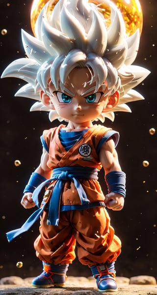 (a songoku in Dragon Ball ), small and cute, (eye color switch), (bright and clear eyes), anime style, depth of field, lighting cinematic lighting, divine rays, ray tracing, reflected light, glow light, side view, close up, masterpiece, best quality, high resolution, super detailed, high resolution surgery precise resolution, UHD, skin texture,full_body,chibi