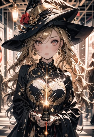 Red eyes, evil, golden, shiny, gold hair,High detailed ,midjourney,perfecteyes,Color magic,urban techwear,hmochako,better witch,witch, witch,Long hair,free style,horror (theme),intricate printing pattern 