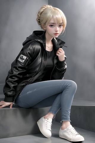 Best quality, masterpiece, ultra high res, (photorealistic:1.4), raw photo, korea girl 22 year old, blond sleek pixie shorts hair style, wearing oversize black jacket bomber m1, shorts bluejeans, white sneaker, solid grey background,