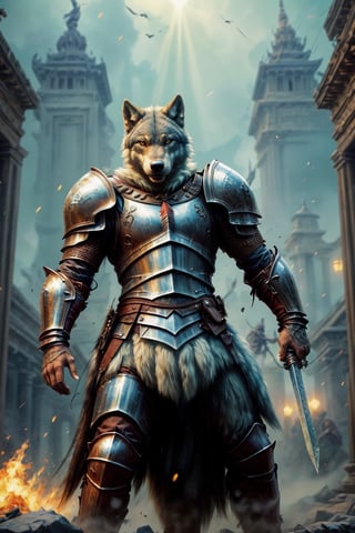 An ancient anthropomorphic wolf, a female werewolf knight, is wearing the light armor of an ancient knight and fighting an enemy. Her fighting figure is brave and looks like a god of war. Photo, beautiful, blurred temple background, colorful, masterpiece, best quality, best quality, official art, beautiful and aesthetic, realistic