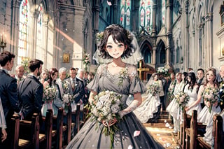 woman wearing a grey dress, holding wedding flowers, short hair, in the church, smiling