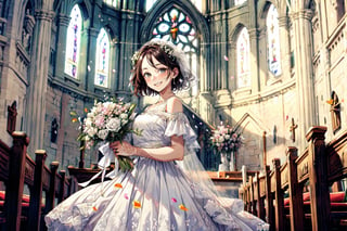 woman wearing a white dress, holding wedding flowers, short hair, in the church, smiling