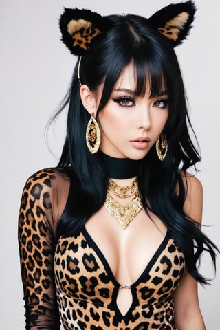 1girl, solo, long hair, black hair, animal ears, choker, bodysuit, animal print, leopard print , big breas , jewelery