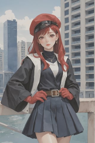 (Best quality, High quality, masterpiece, Gouache painting, Semi realistic, ligne_claire, Illustration, Watercolor), rating:safe, 1girl, multicolored_hair, black_hair, gloves, hat, blue_eyes, jacket_on_shoulders, breasts, heterochromia, solo, beret, long_hair, cleavage, red_hair, white_gloves, jacket, skirt, red_eyes, streaked_hair, looking_at_viewer, pleated_skirt, outdoors, city, belt, standing, building, cowboy_shot, cape, black_headwear, jewelry, bangs, white_skirt, medium_breasts, sidelocks, earrings, black_jacket, dress, eyebrows_visible_through_hair, bag, blush, day, cityscape, peaked_cap, car, two-tone_hair, long_sleeves, closed_mouth