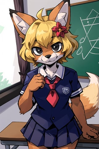 masterpiece, best quality, looking at viewer,black eyes,play groundfurry fox girl,blonde,school uniform,  hair ornament, Furry Girl