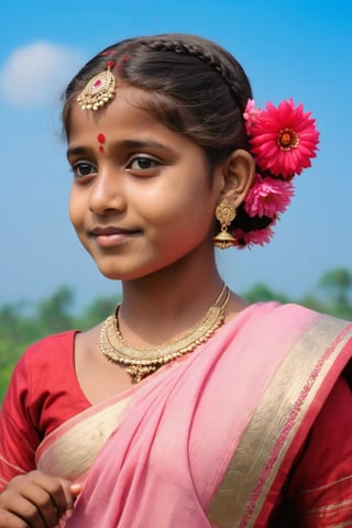 A indian traditional and cultural girl with a red flower pin in her hair and looking at blue sky the girl is wearing pink sharee with detailed picture