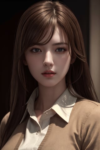 photorealistic, masterpiece, best quality, raw photo, 1girl, medium breasts, long hair, brown hair, collared shirt, looking at viewer, dynamic lighting, in the dark, deep shadow, low key, intricate detail, detailed skin, pore, highres, hdr