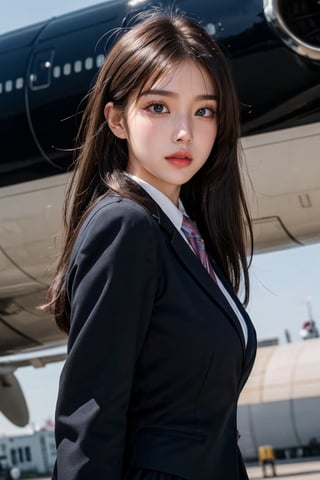 1girl, 21 age Korean face, Korean idol style, photorealistic, detailed face, detailed eye, detailed skin, detailed background, photographed with a Nikon d850, Nikon AF-S Nikon 58mm f/1.4G lens, natural light, photon mapping, ultra high res, Vivid picture, ultra-detailed, ultra high resolution, very detailed physically based rendering, dynamic angle, dynamic pose, UHD, a realistic representation of the face, {{sparkling eyes}}, {{sparkling lips}}, stewardess uniform, shirt, blazer, tie, name tag, skirt, in airplane, {{cabin attendant}}