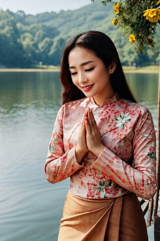 1girl, Beautiful eyes, detailed eyes, big eyes, praying poses, looking to viewer,smiling, cleavge, calm sunshine, flower , lake , acmm ss outfit,Myanmar,praying