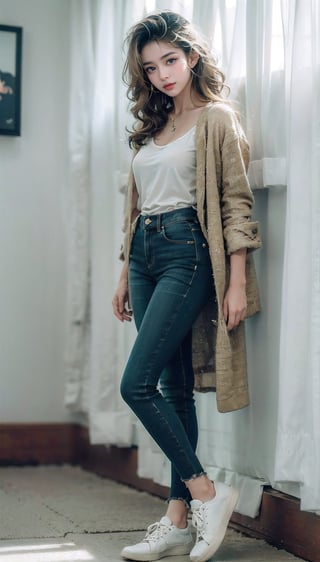 (((masterpiece))), top quality, (beautiful and delicate girl), beautiful and delicate light, (beautiful and delicate eyes), mysterious smile, (brown eyes), (dark black long hair), medium breasts, female 1 , frontal shot , Korean, soft expression, tall, jacket, patterned t-shirt, jeans, sneakers,