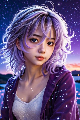 masterpiece, best quality, illustration, stars in the eyes,dishevelled hair,Starry sky adorns hair,1 girl,sparkling anime eyes,beautiful detailed eyes, beautiful detailed stars,blighting stars,emerging dark purple across with white hair,multicolored hair,beautiful detailed eyes,beautiful detailed sky, beautiful detailed water, cinematic lighting, dramatic angle,