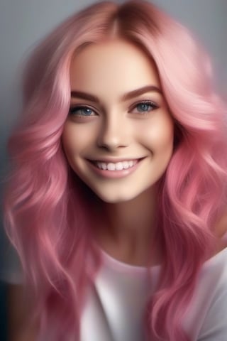 Mulher sorridente com cabelo rosa e olhos azuis em um quarto escuro, com cabelo rosa, cabelo rosa wispy, flowing pink hair, cabelo rosa, retrato colorido, rosto rosa brilhante, menina bonito com cabelo rosa curto, long flowing pink hair, red hair and attractive features, Cabelos brilhantes, bonito e sorridente, cabelo rosa claro, cabelo rosa claro com chamas cor-de-rosa,  cor-de-rosa